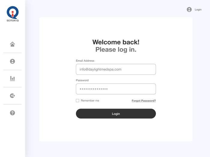Sciton iQ sign-in screen